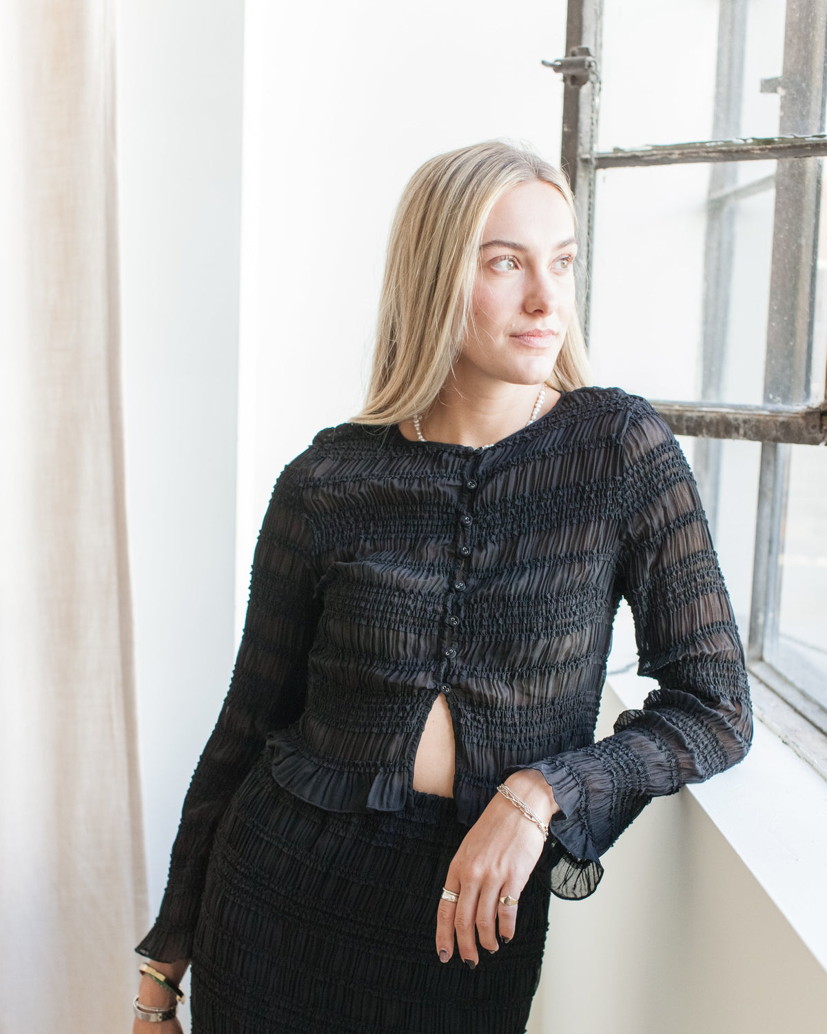 Crinkle Smocked Button Blouse - Black