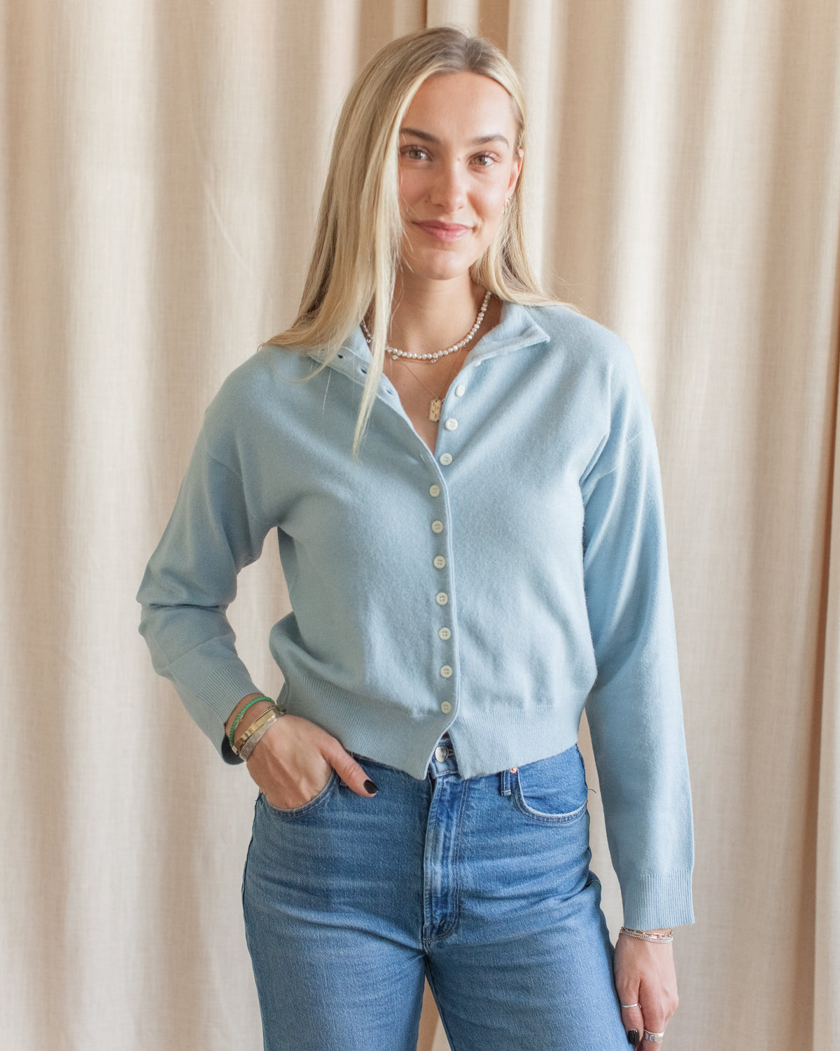 High Neck Button Knit Cardigan - Sky