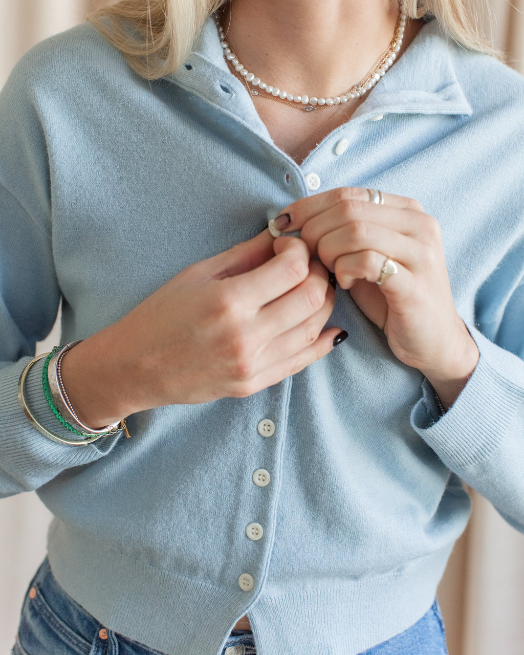 High Neck Button Knit Cardigan - Sky