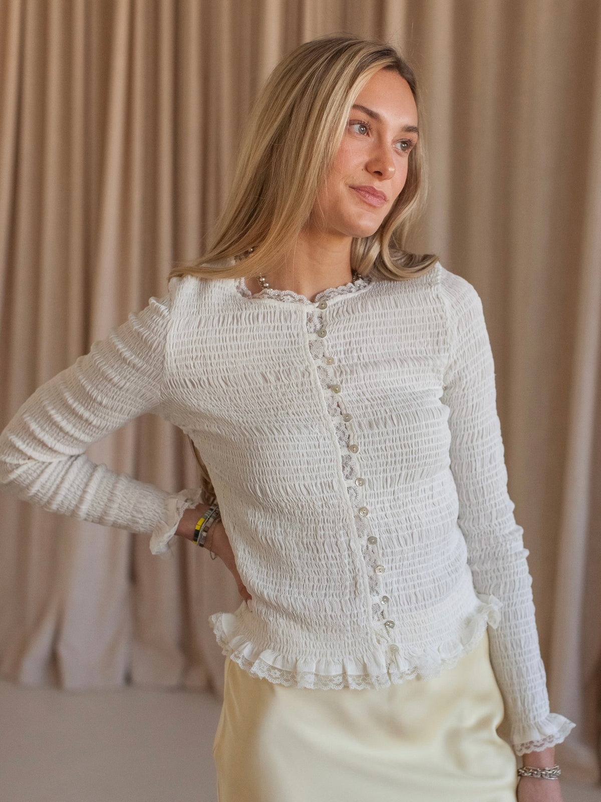 Smocked Lace Trim Long Sleeve Blouse