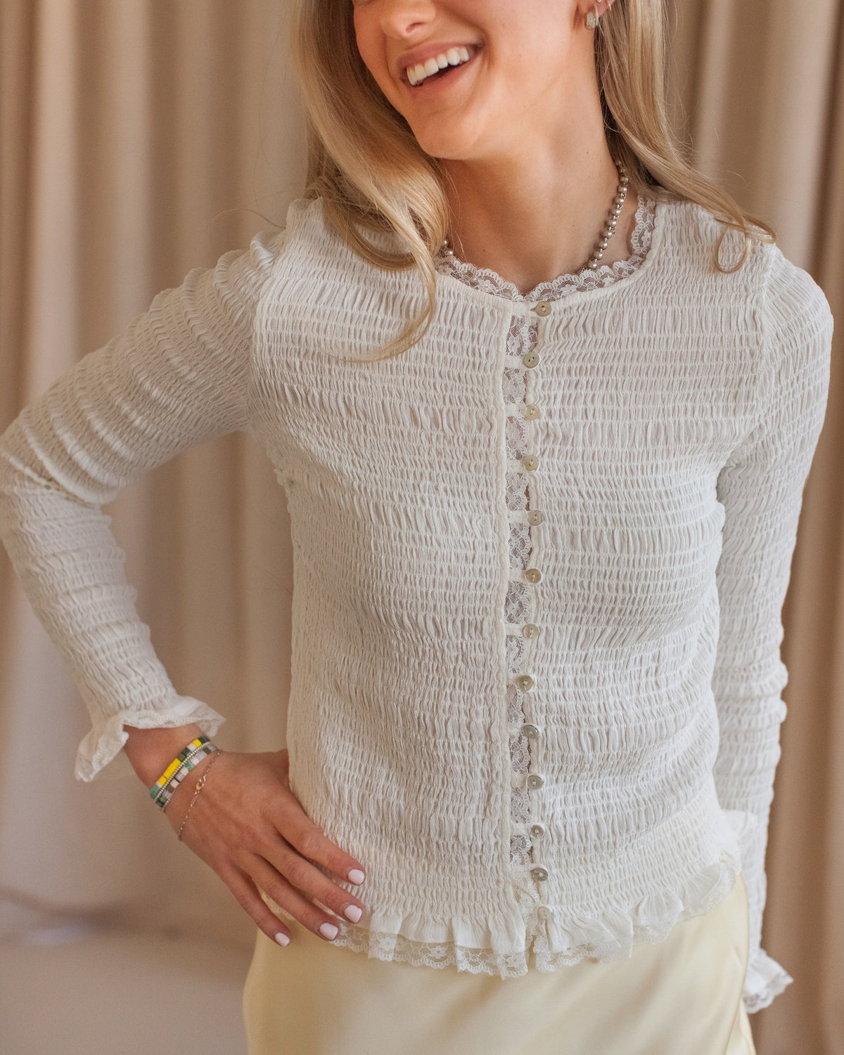 Smocked Lace Trim Long Sleeve Blouse