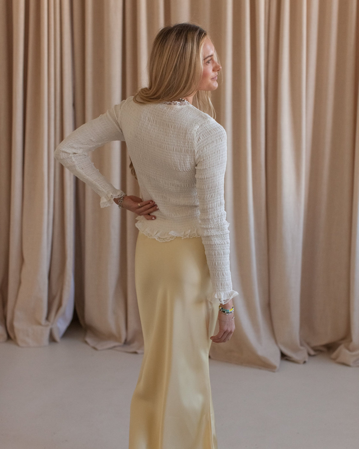 Smocked Lace Trim Long Sleeve Blouse