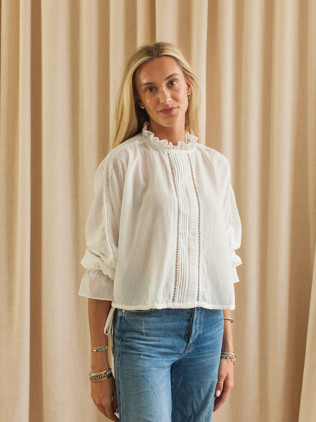 Lace Trim Pintuck Ruffle Neck Blouse
