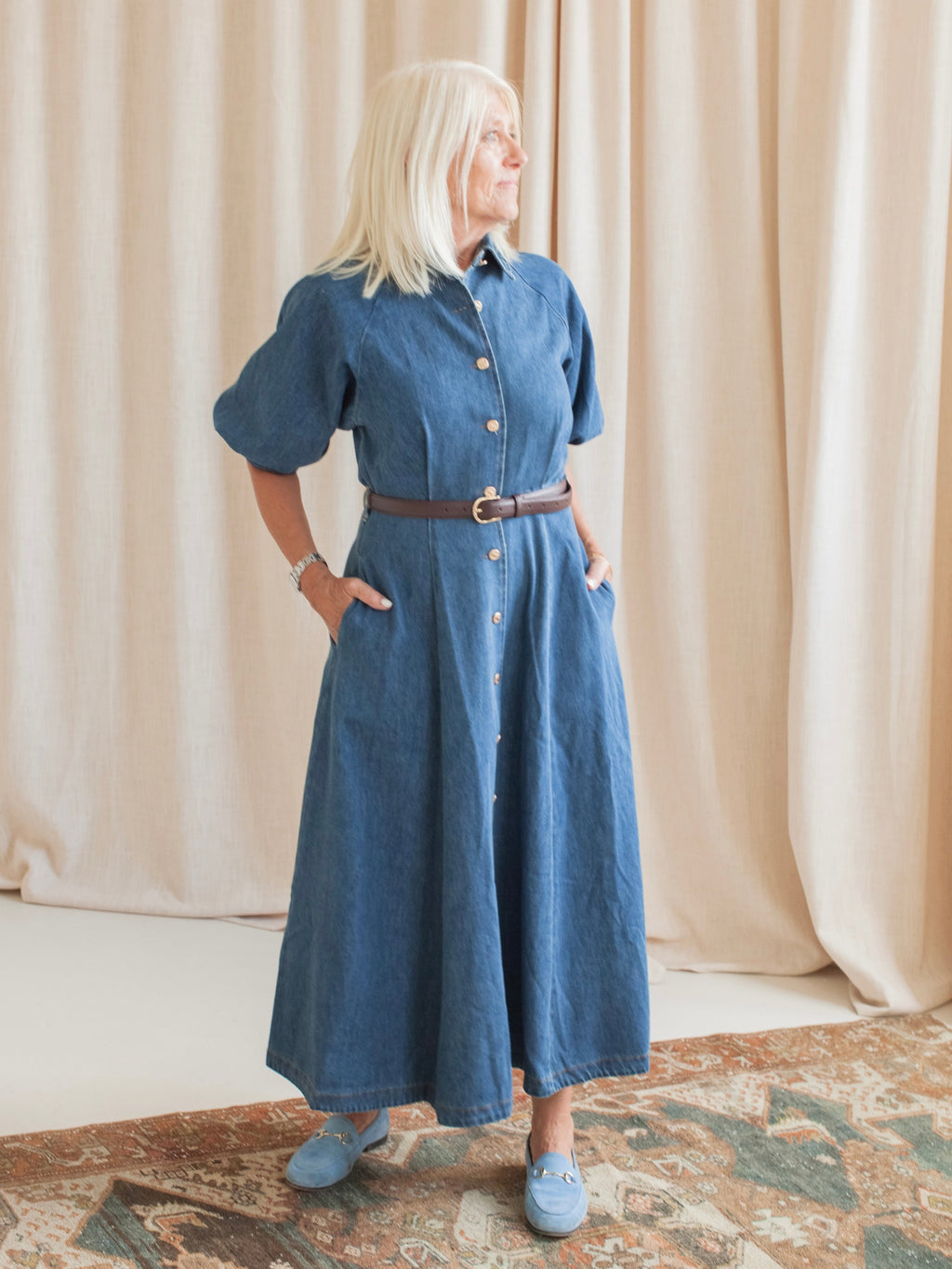 Puff Sleeve Denim Belted Dress