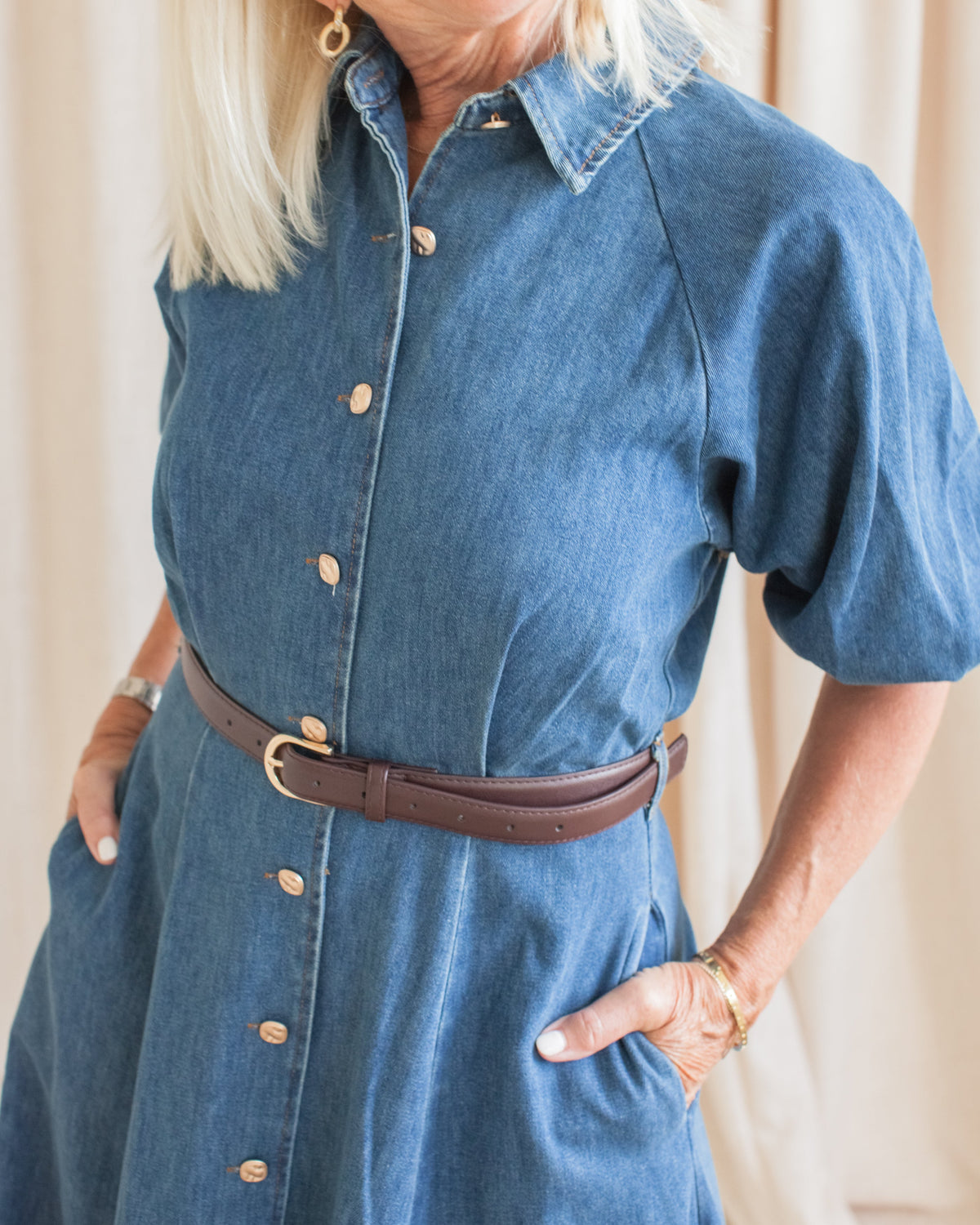 Puff Sleeve Denim Belted Dress
