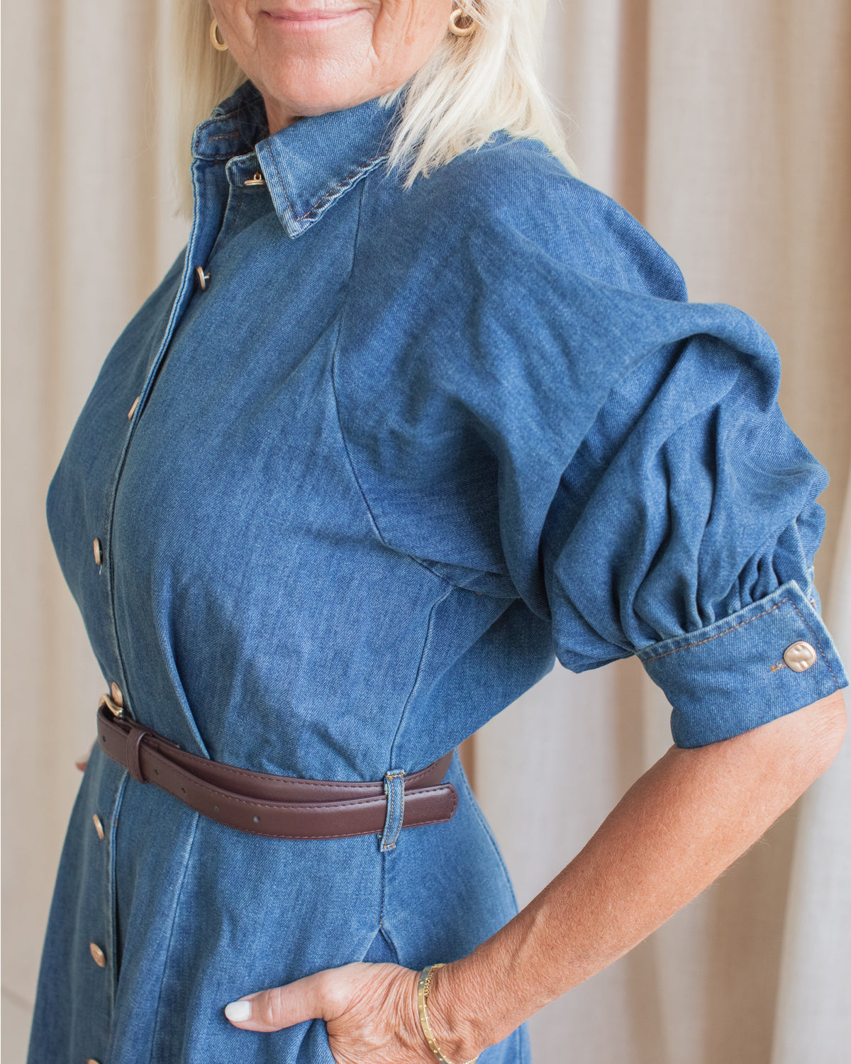 Puff Sleeve Denim Belted Dress