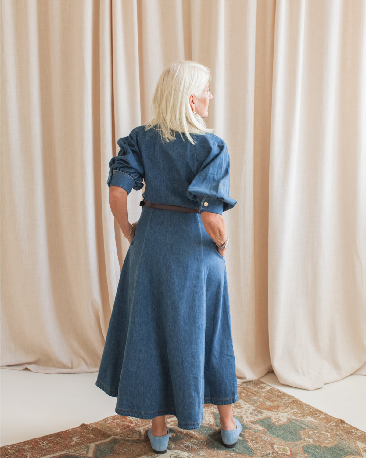 Puff Sleeve Denim Belted Dress