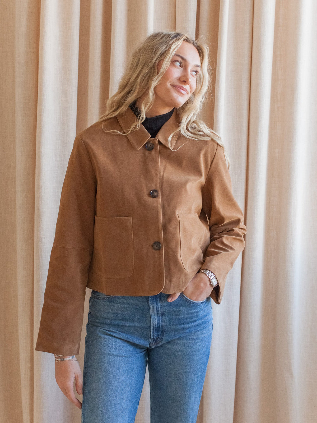 Cropped Faux Suede Jacket - Tan