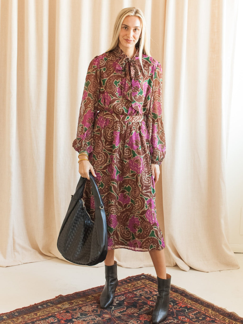 Paisley Balloon Sleeve Midi Dress