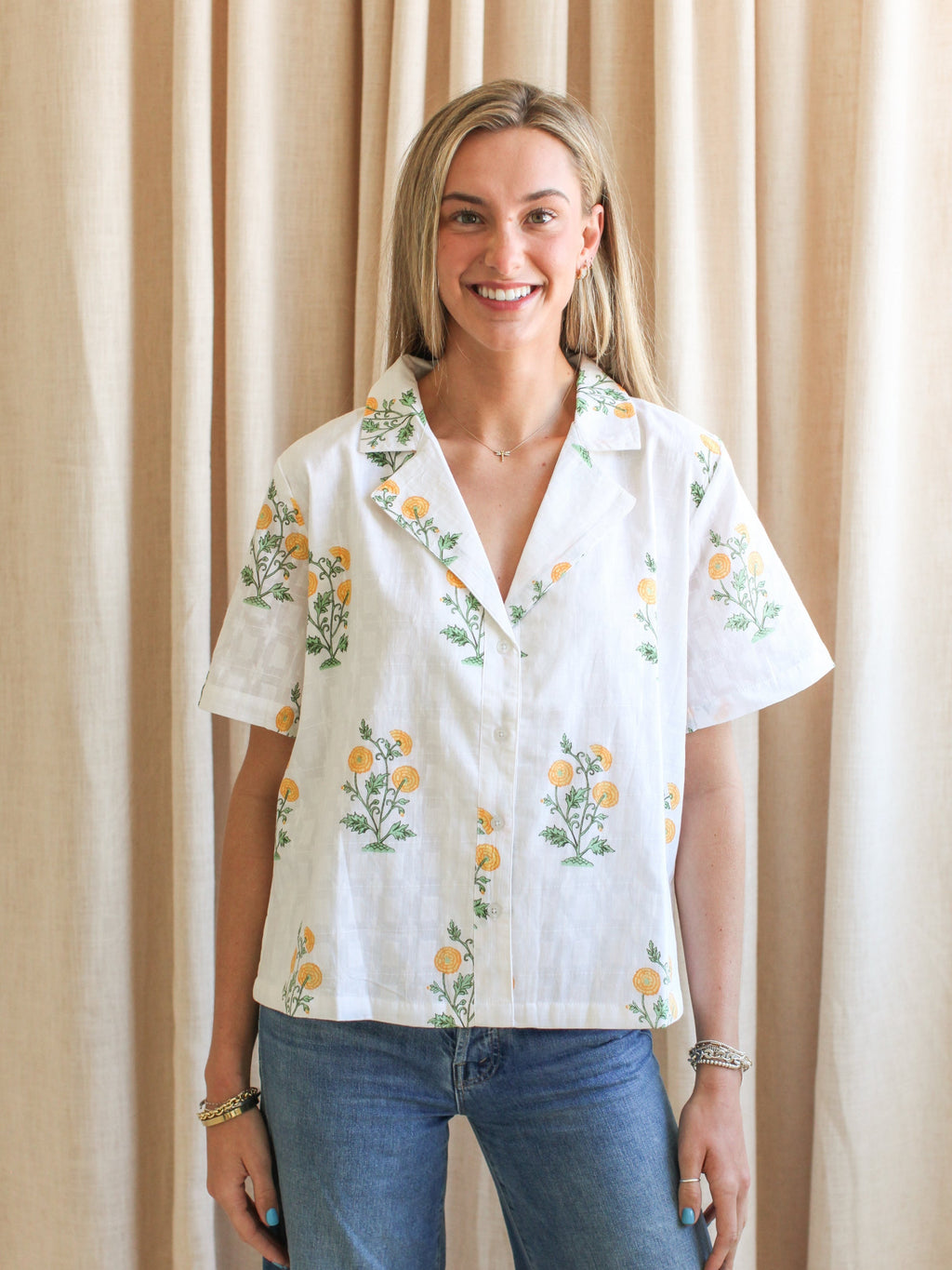 Yellow Floral Wide Collar V-Neck Blouse