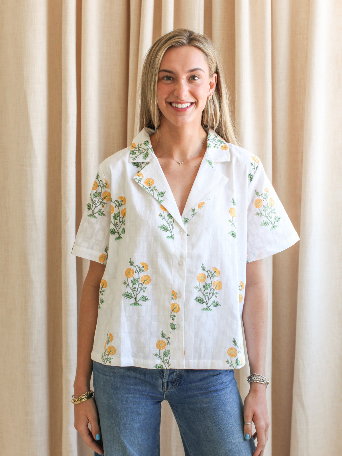 Yellow Floral Wide Collar V-Neck Blouse