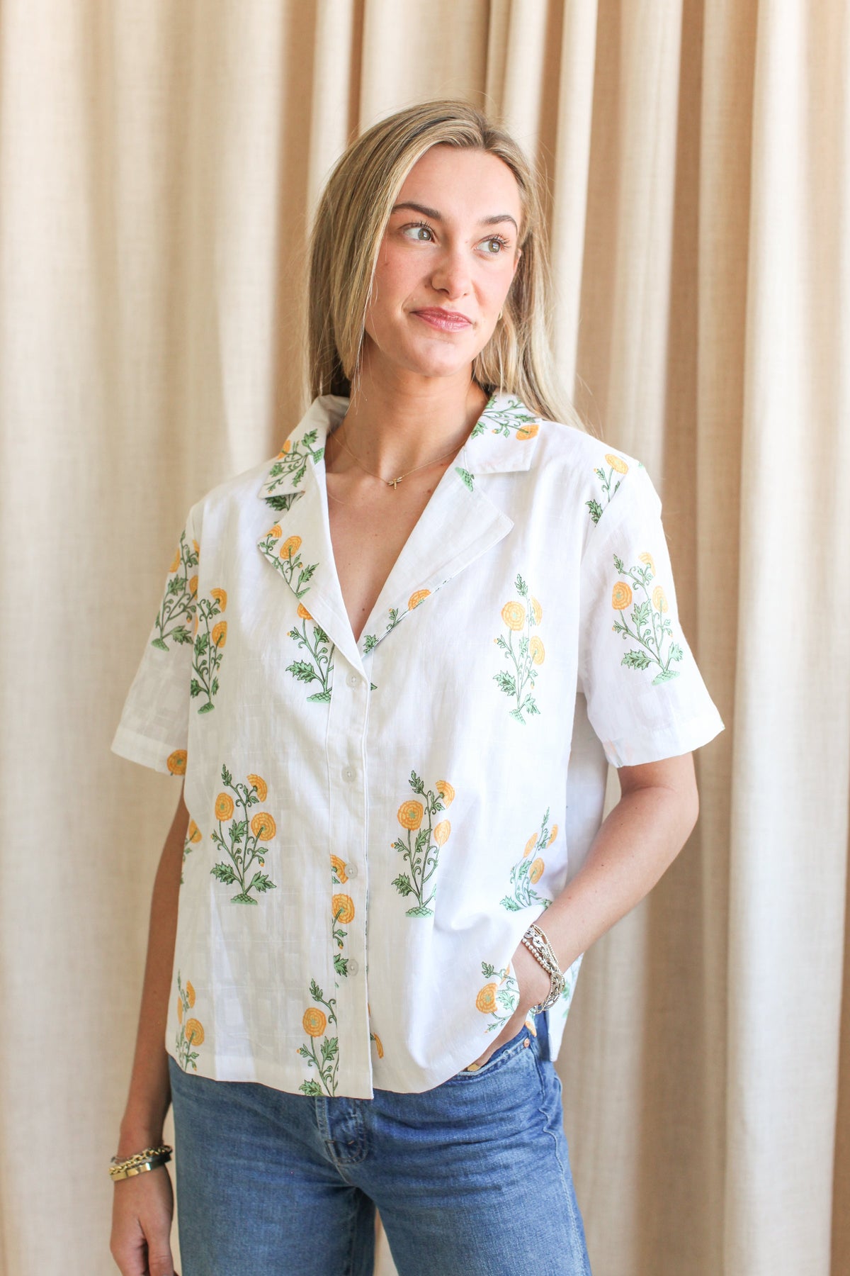 Yellow Floral Wide Collar V-Neck Blouse