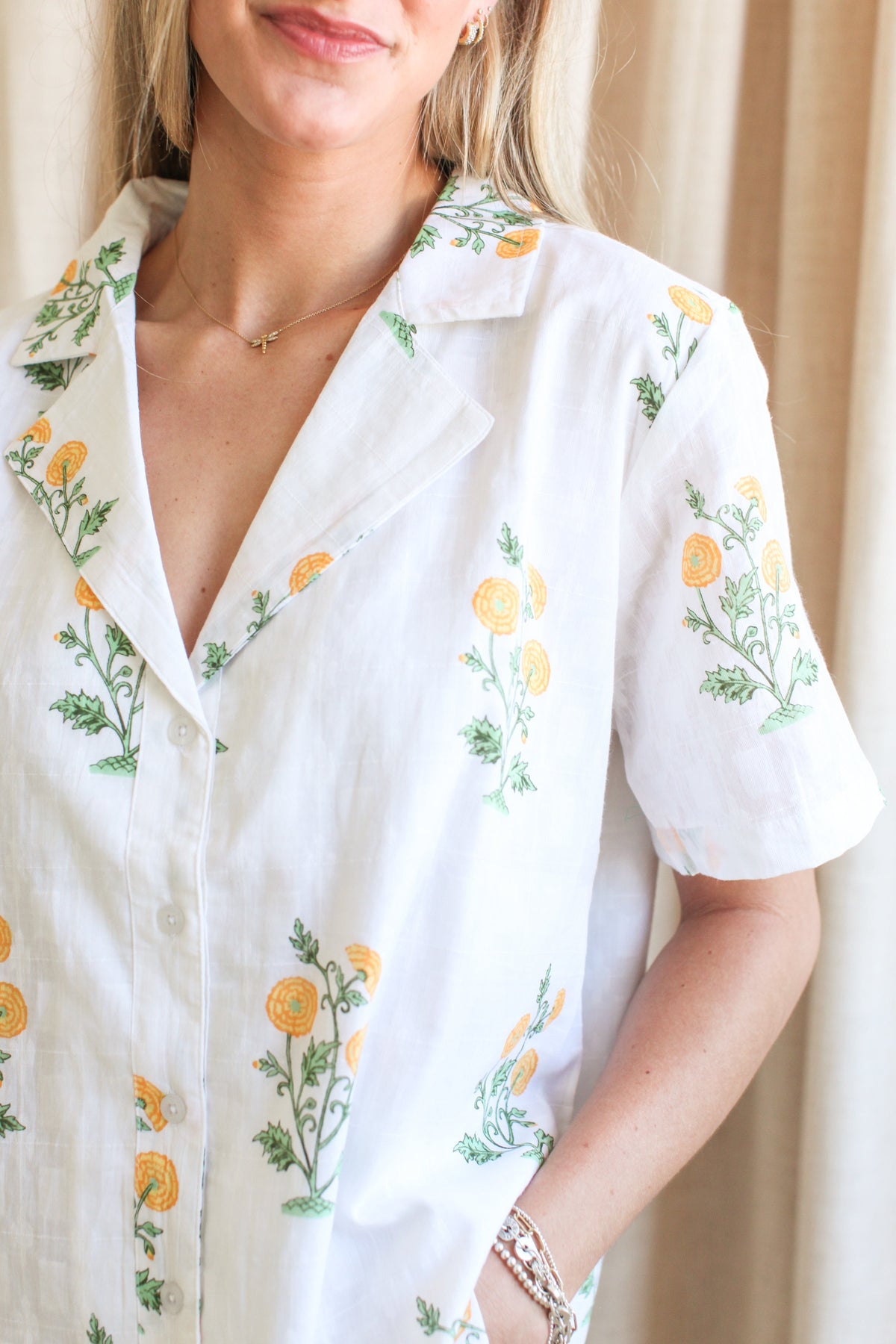 Yellow Floral Wide Collar V-Neck Blouse