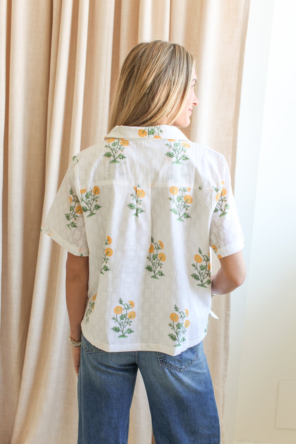 Yellow Floral Wide Collar V-Neck Blouse