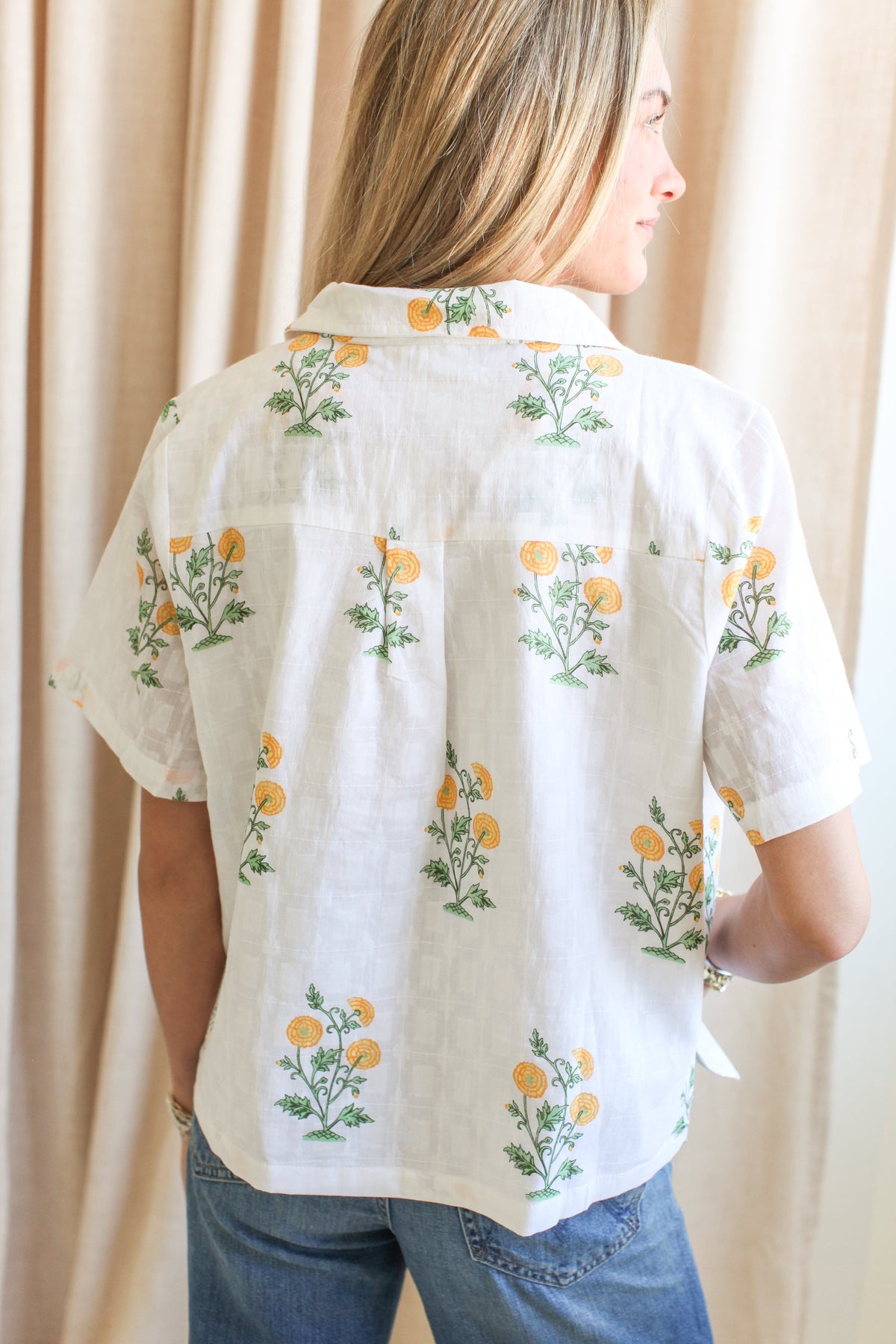 Yellow Floral Wide Collar V-Neck Blouse