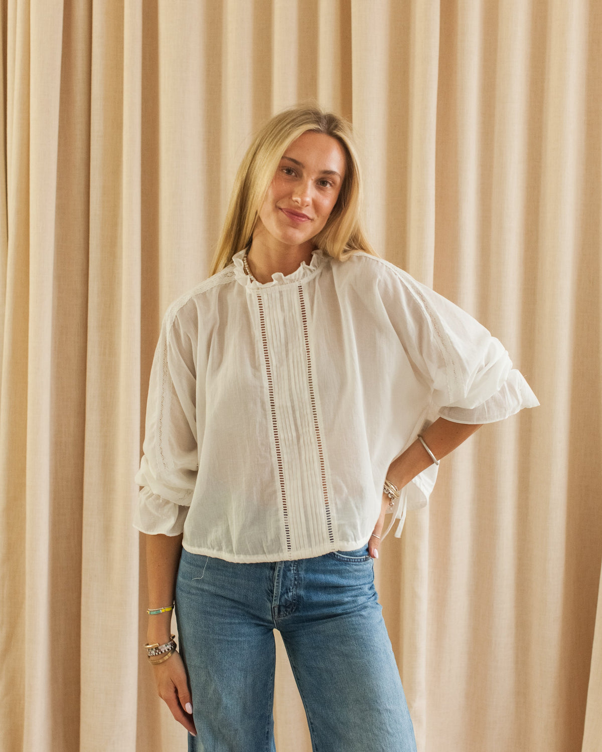 Lace Trim Pintuck Ruffle Neck Blouse