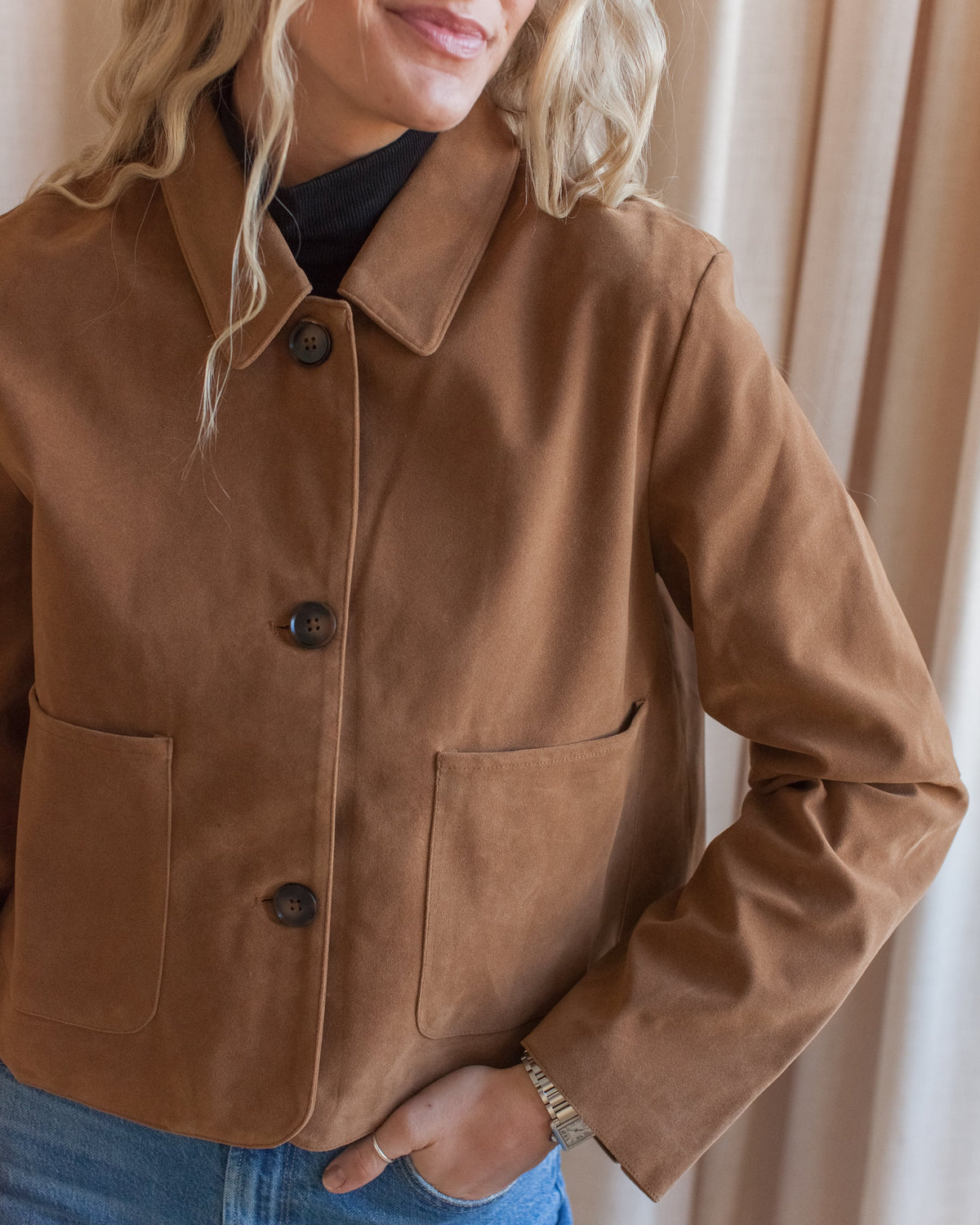Cropped Faux Suede Jacket - Tan