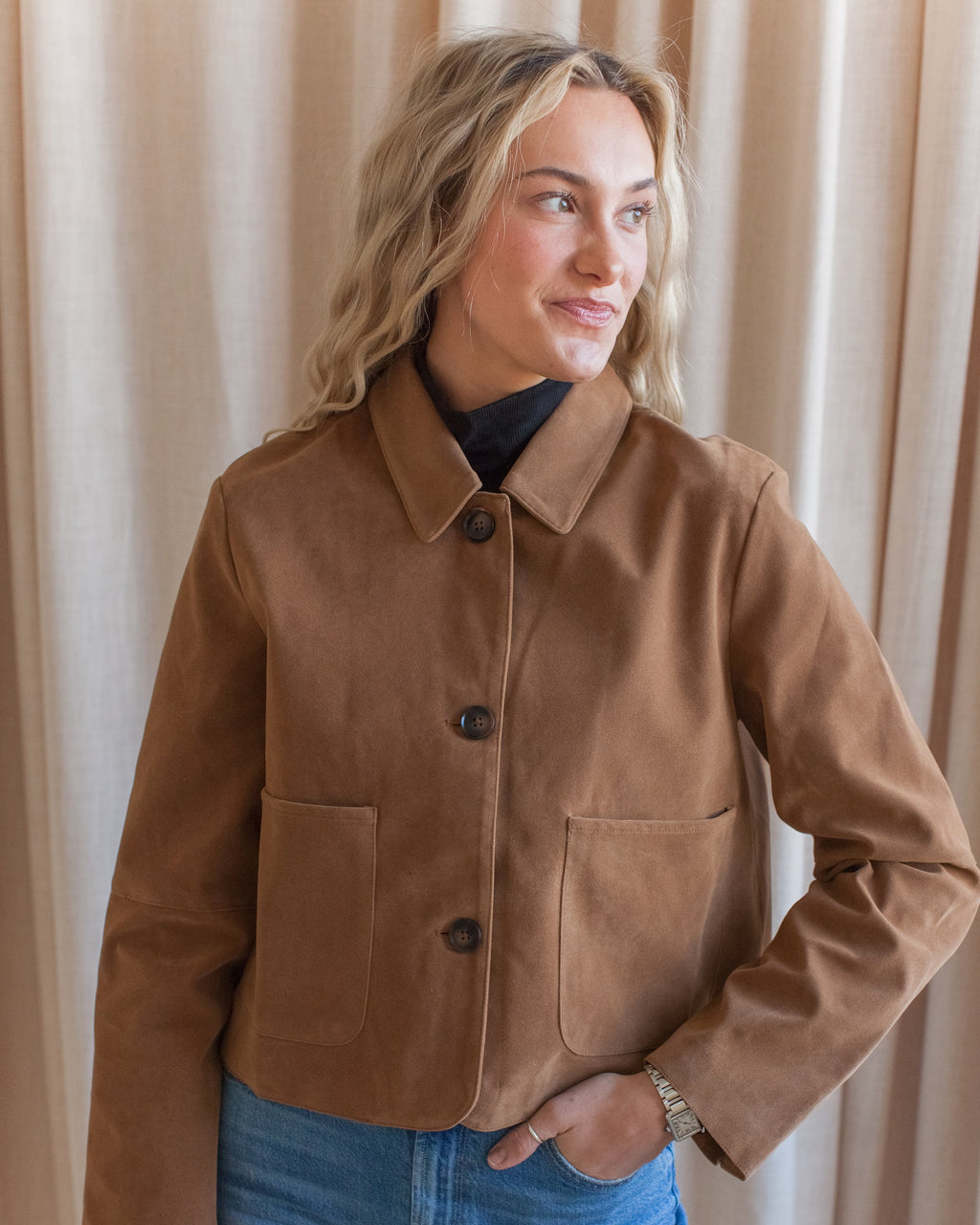 Cropped Faux Suede Jacket - Tan