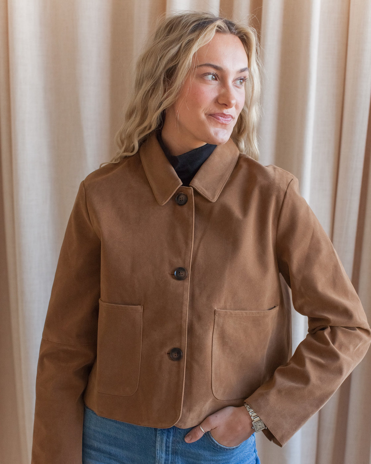 Cropped Faux Suede Jacket - Tan