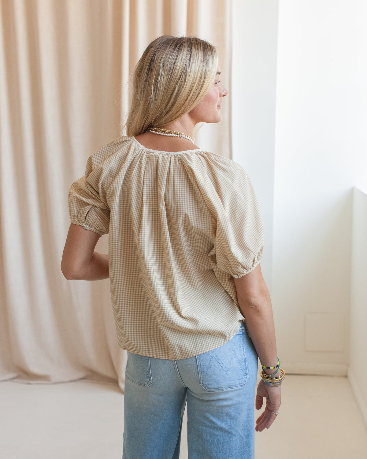 Gingham Puff Sleeve Blouse