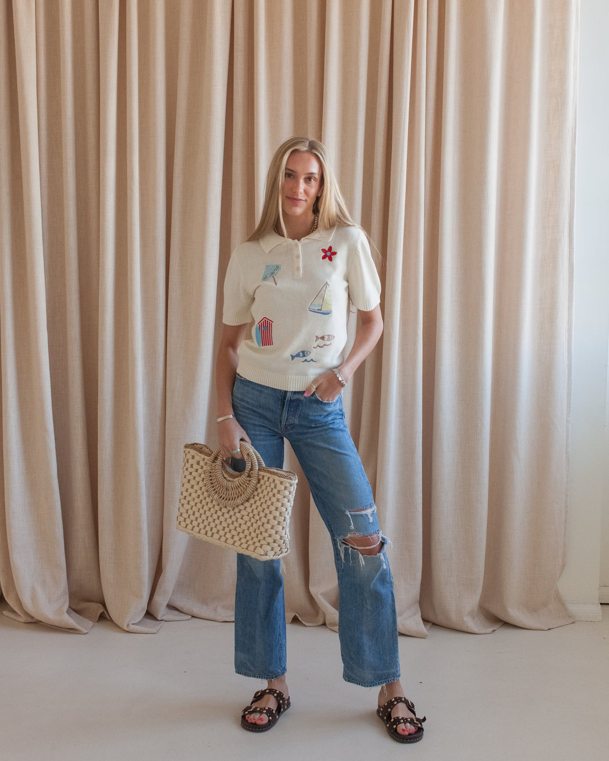 Beach Embroidered Knit Top
