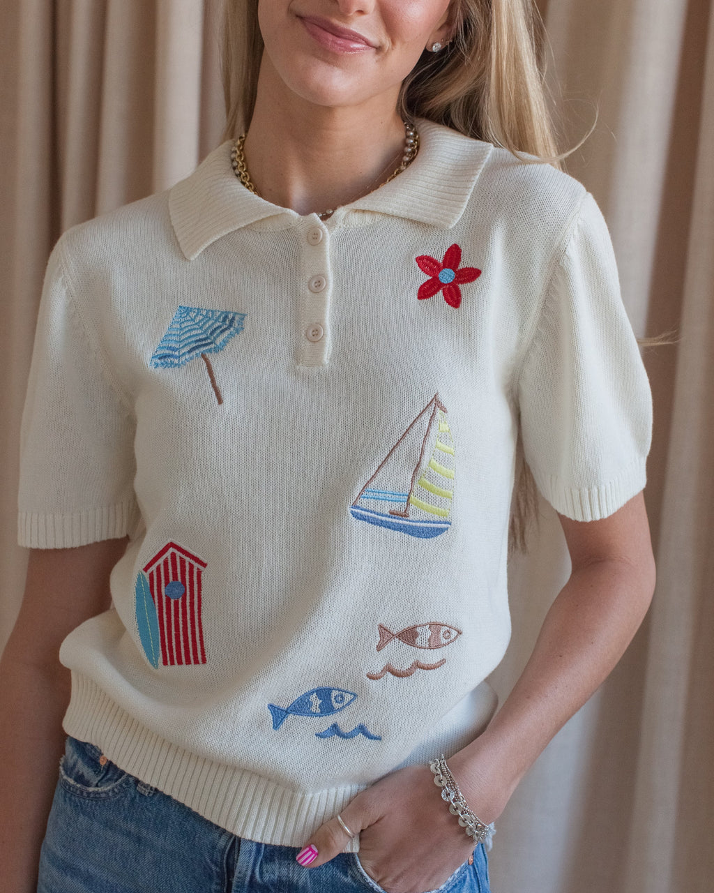 Beach Embroidered Knit Top