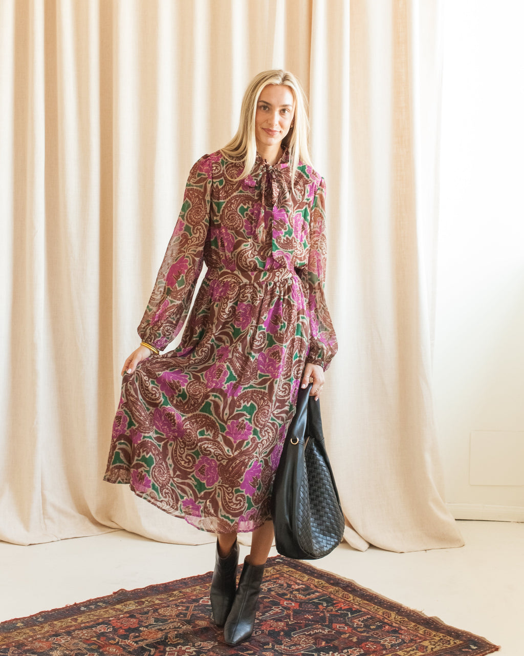 Paisley Balloon Sleeve Midi Dress