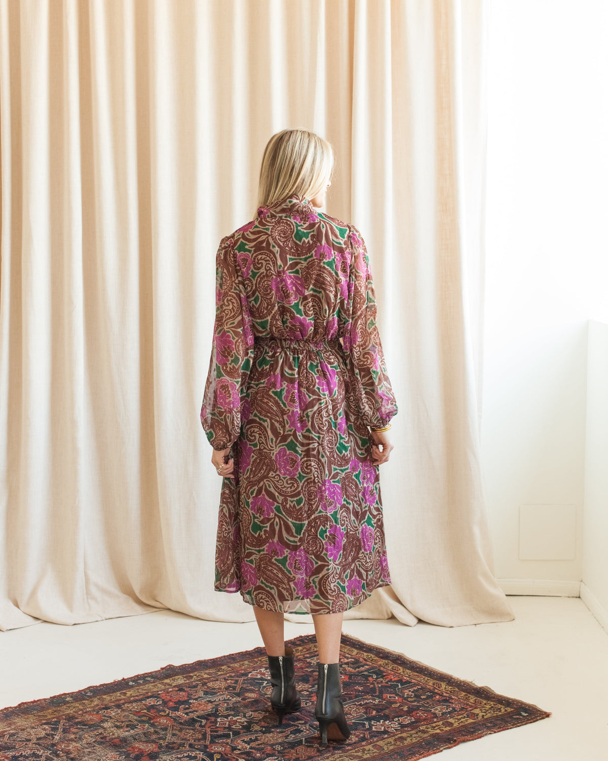 Paisley Balloon Sleeve Midi Dress