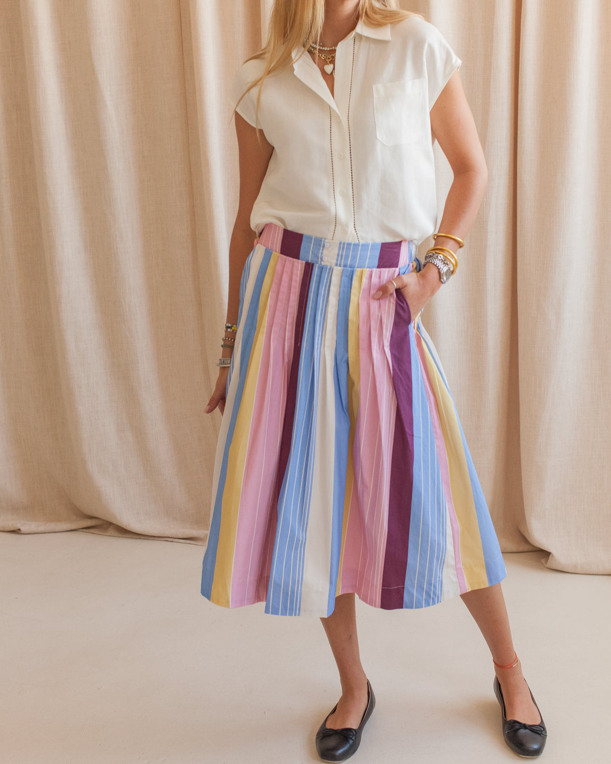 Striped Poplin Midi Skirt