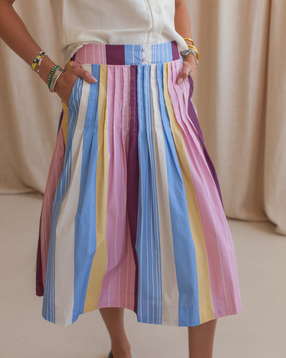 Striped Poplin Midi Skirt