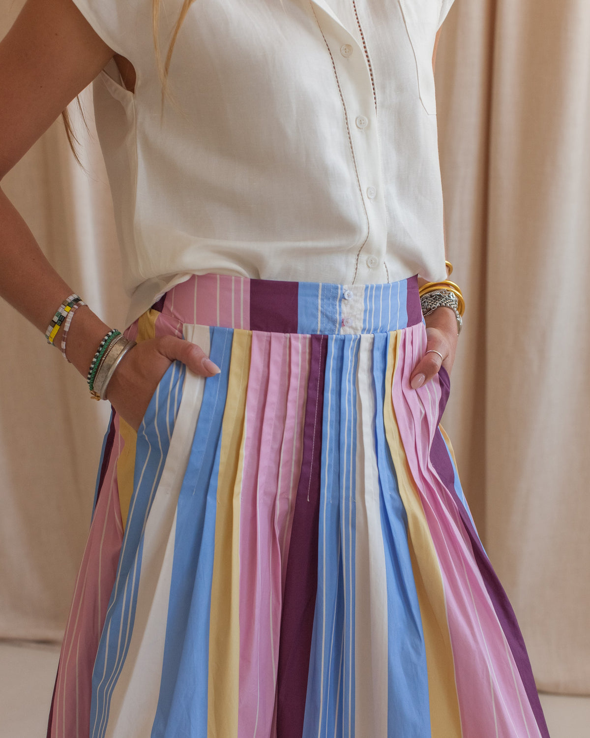 Striped Poplin Midi Skirt