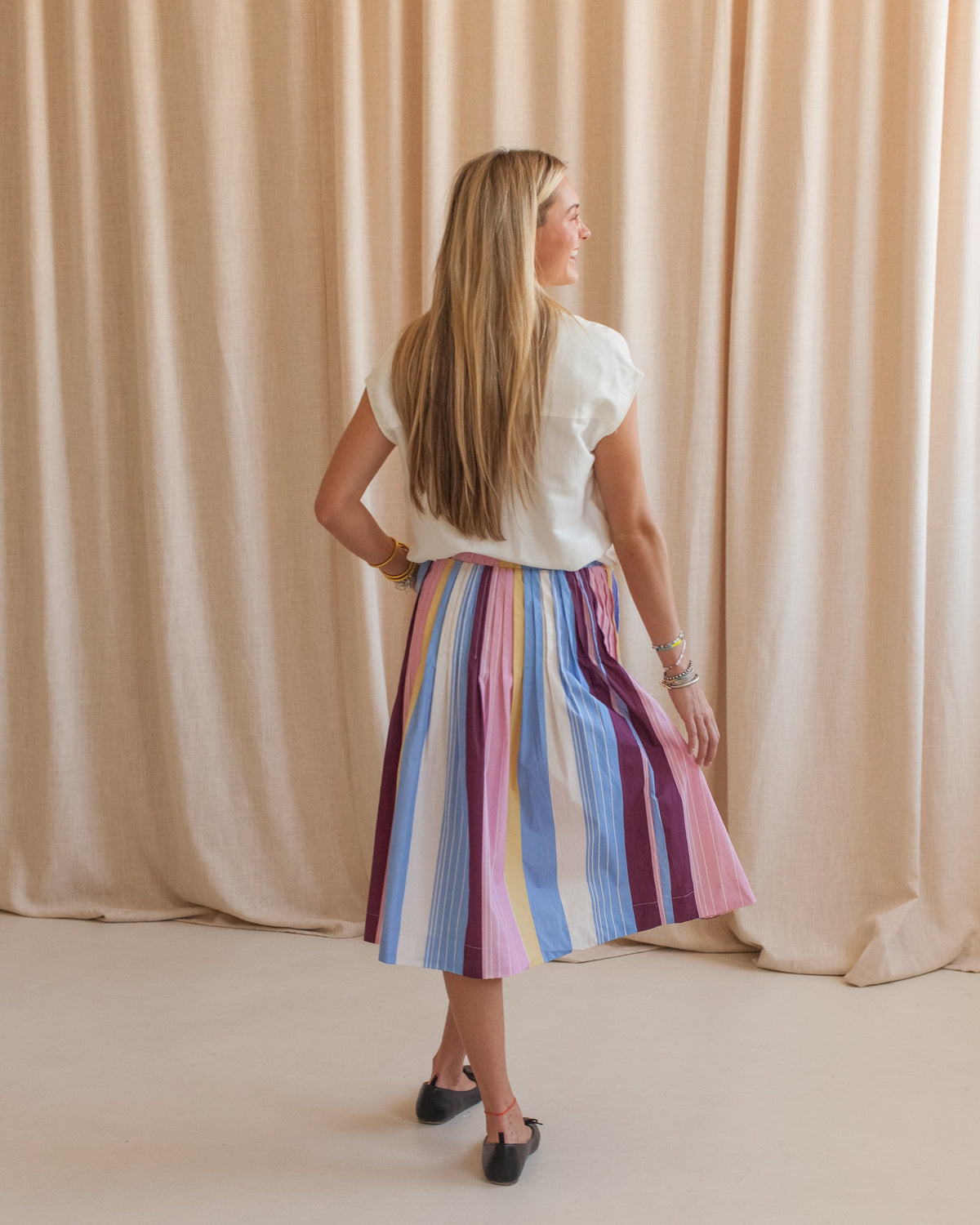 Striped Poplin Midi Skirt