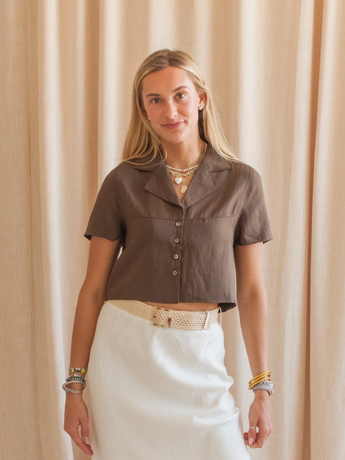 Cropped Lapel Button-Down Blouse - Brown