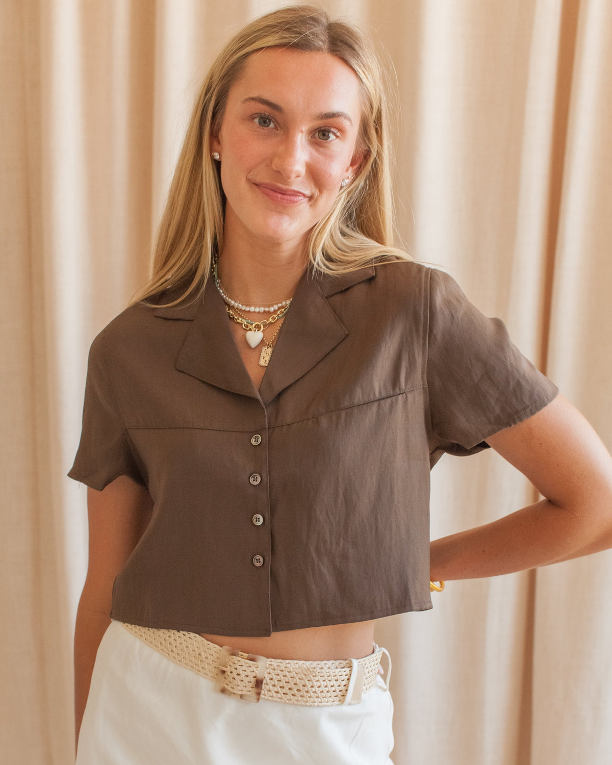 Cropped Lapel Button-Down Blouse - Brown