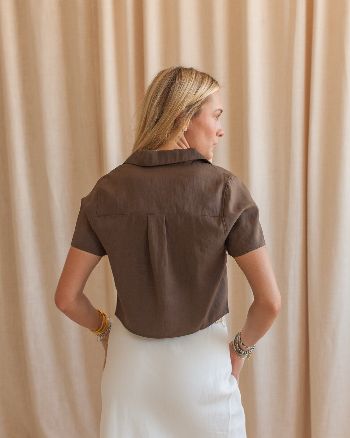 Cropped Lapel Button-Down Blouse - Brown