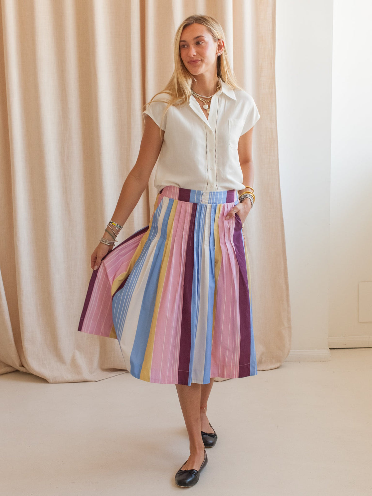 Striped Poplin Midi Skirt
