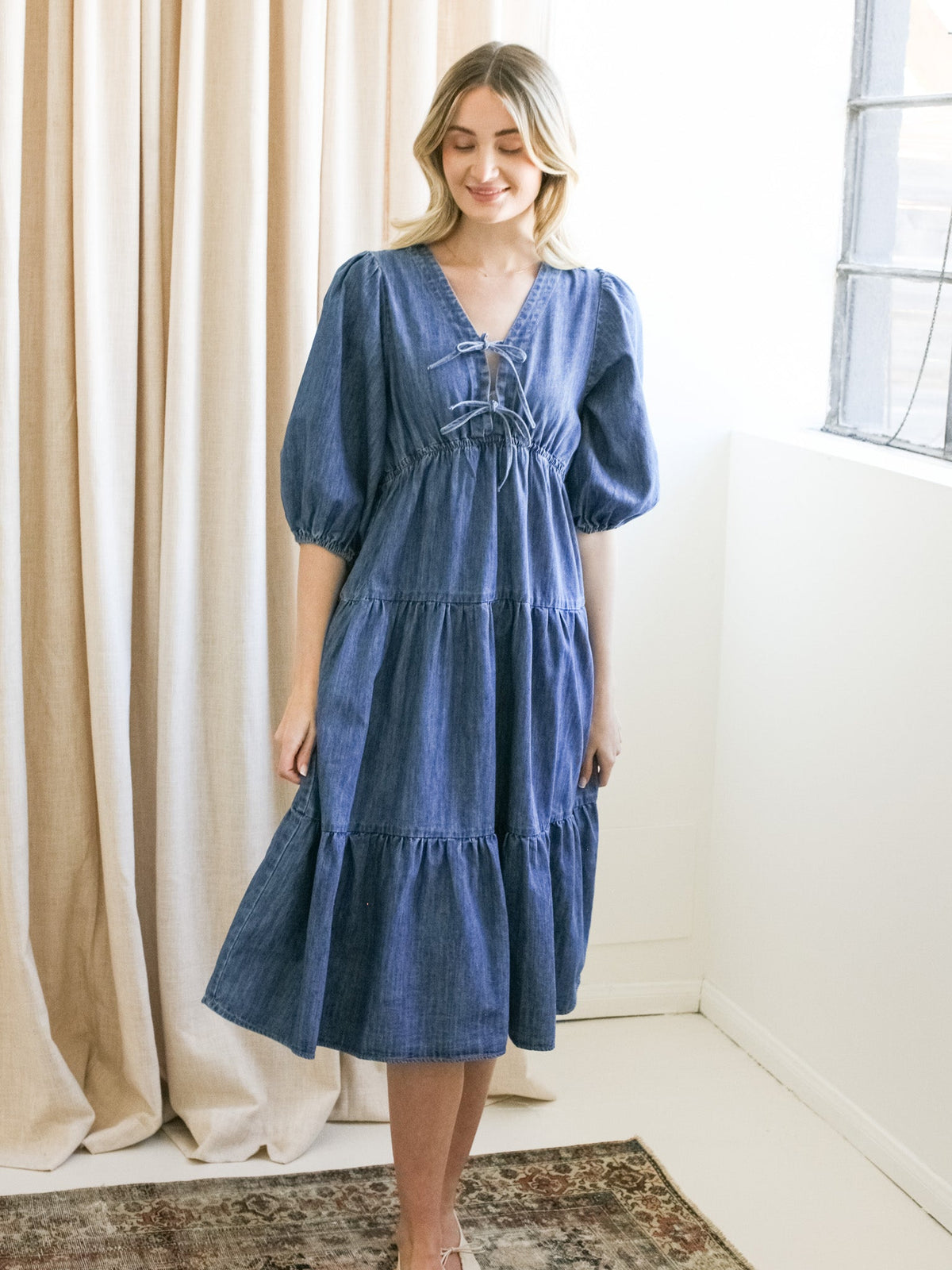 Denim V-Neck Midi Dress