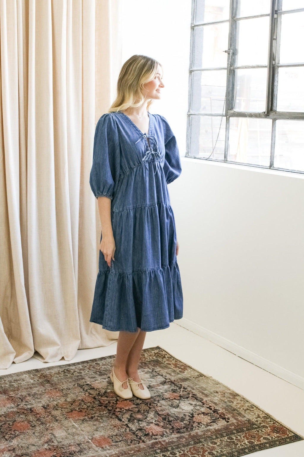 Denim V-Neck Midi Dress