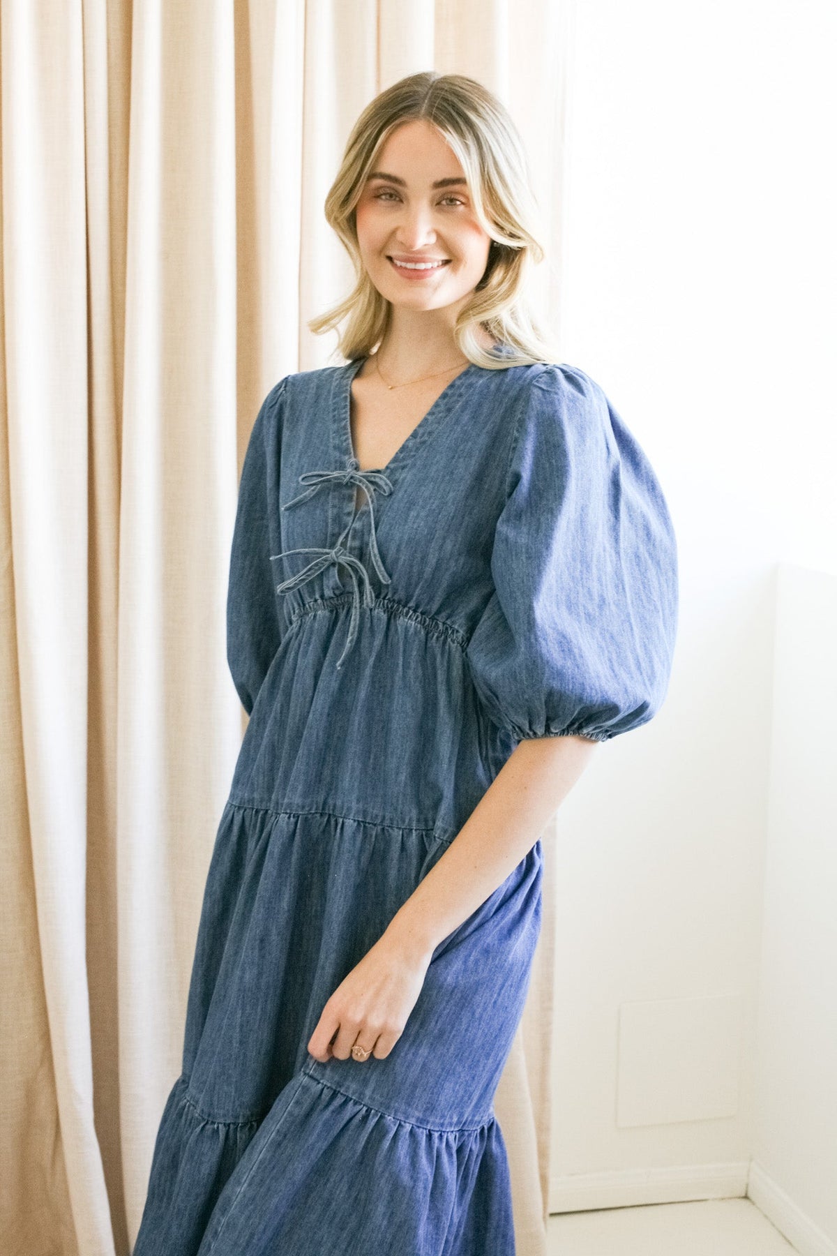 Denim V-Neck Midi Dress