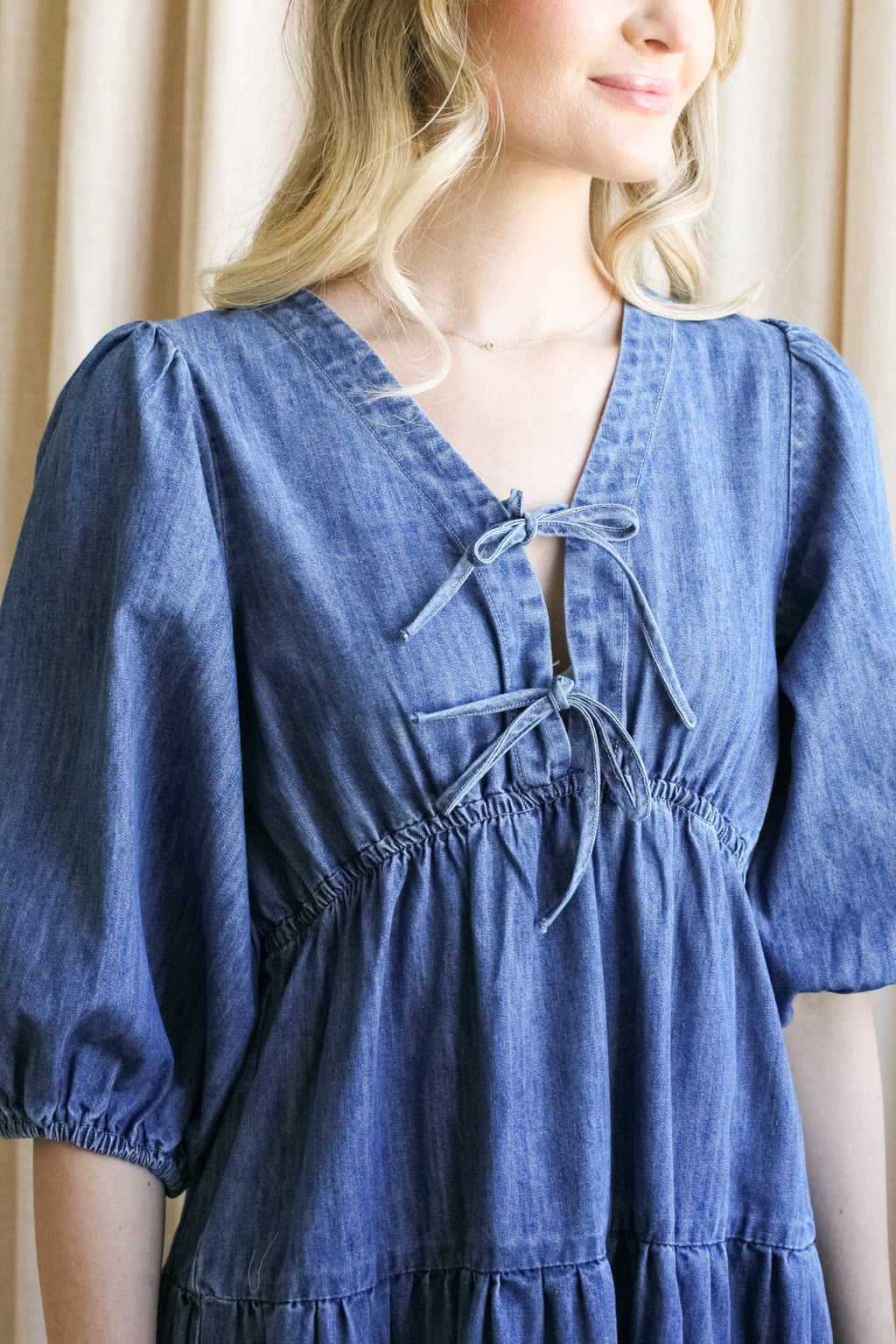 Denim V-Neck Midi Dress
