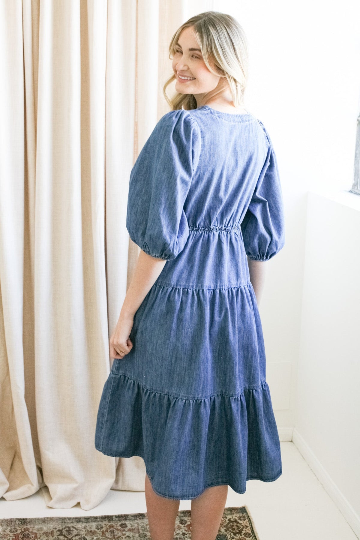 Denim V-Neck Midi Dress