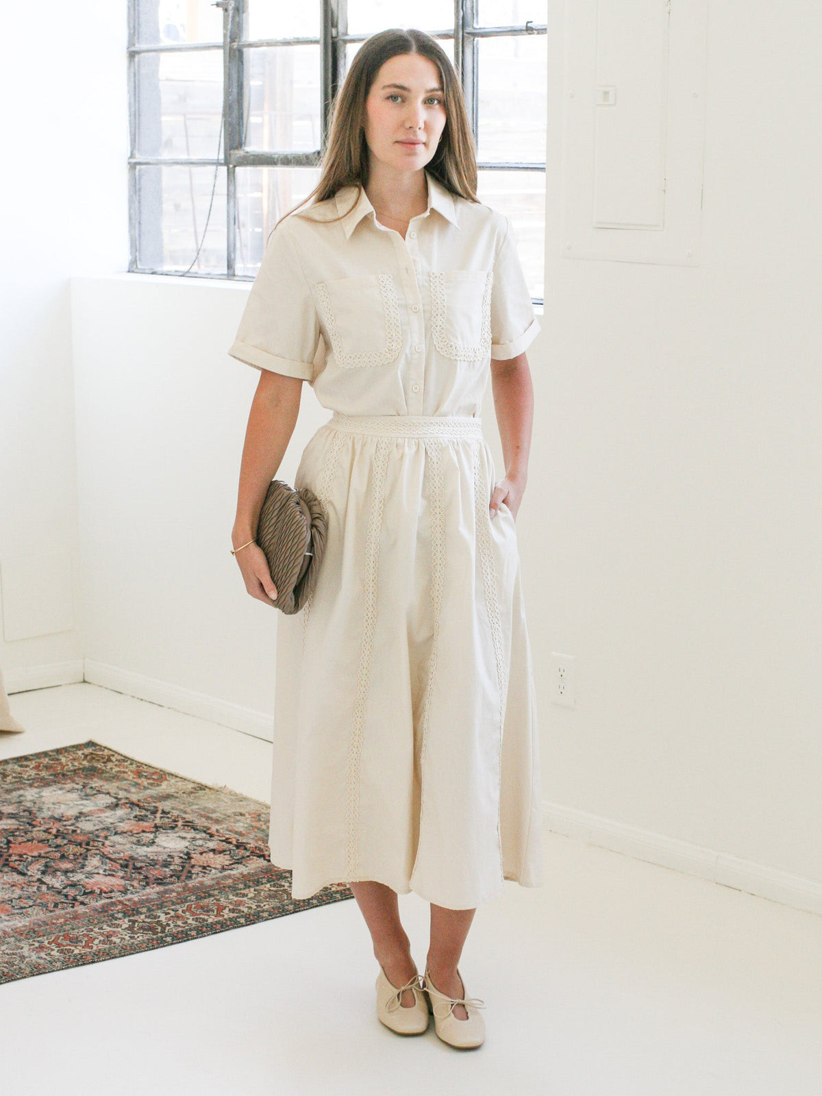 Lace Detail Cotton Midi Skirt