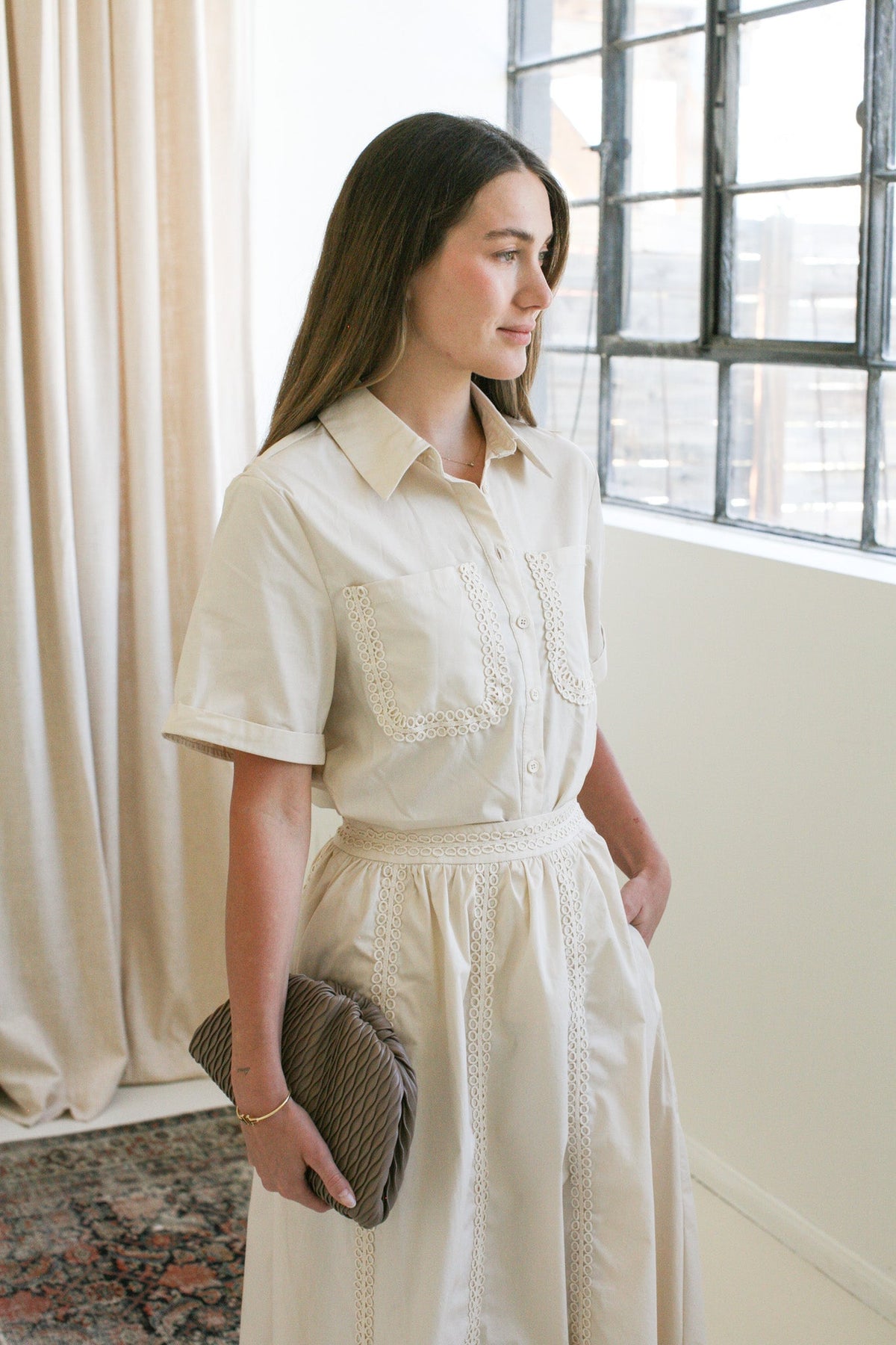 Lace Trim Short Sleeve Button Blouse