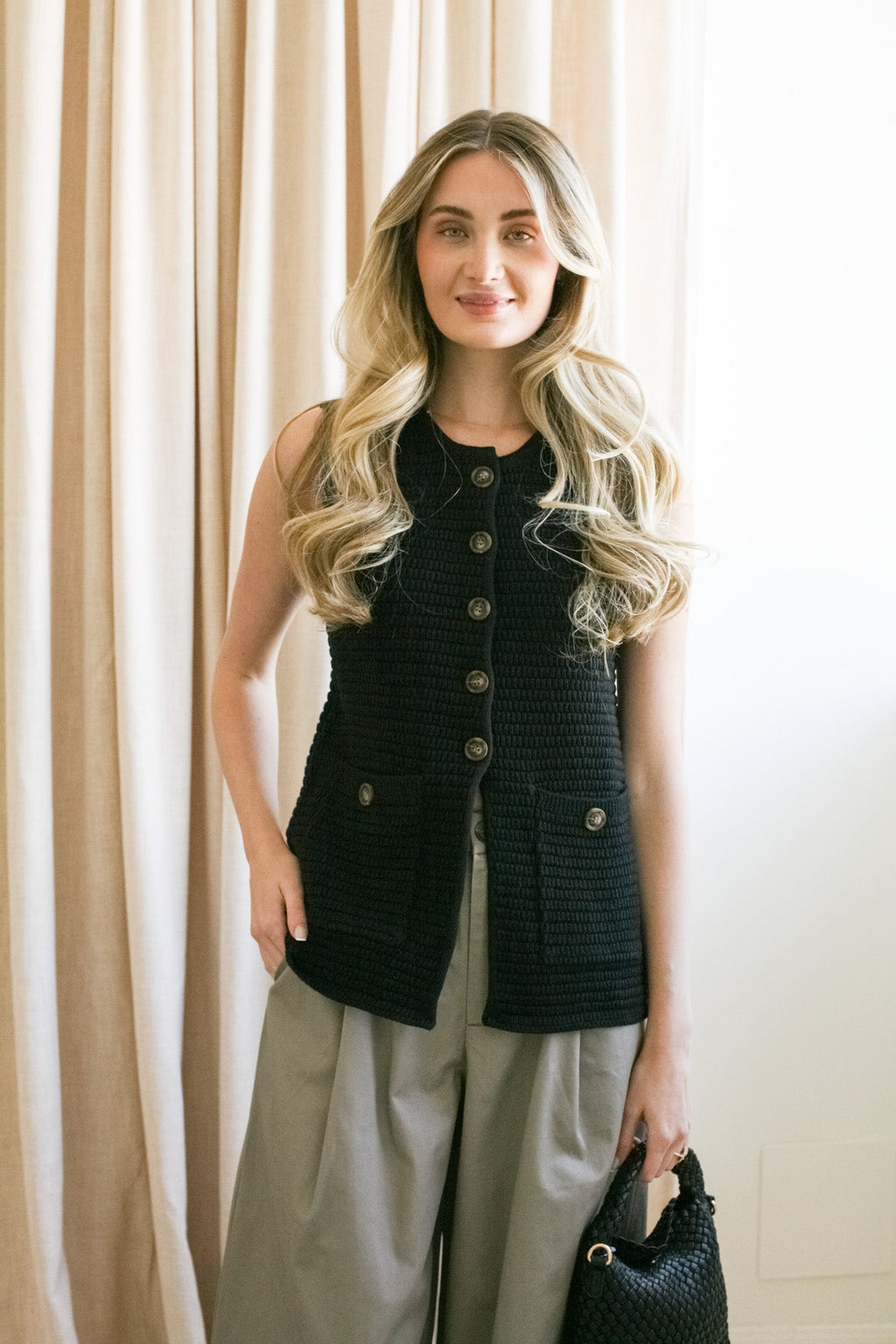Button Front Cotton Knit Vest - Black