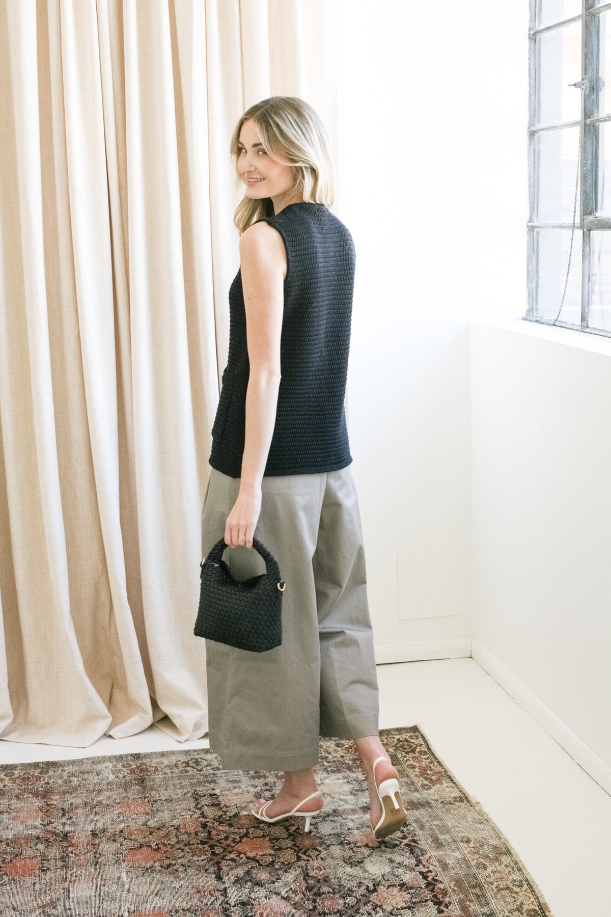 Button Front Cotton Knit Vest - Black