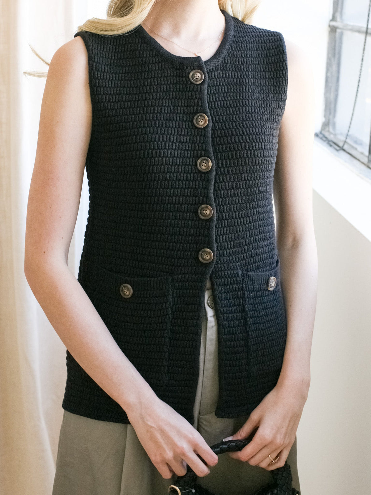 Button Front Cotton Knit Vest - Black
