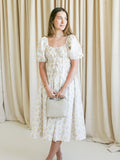 Floral Puff Sleeve Drawstring Midi Dress