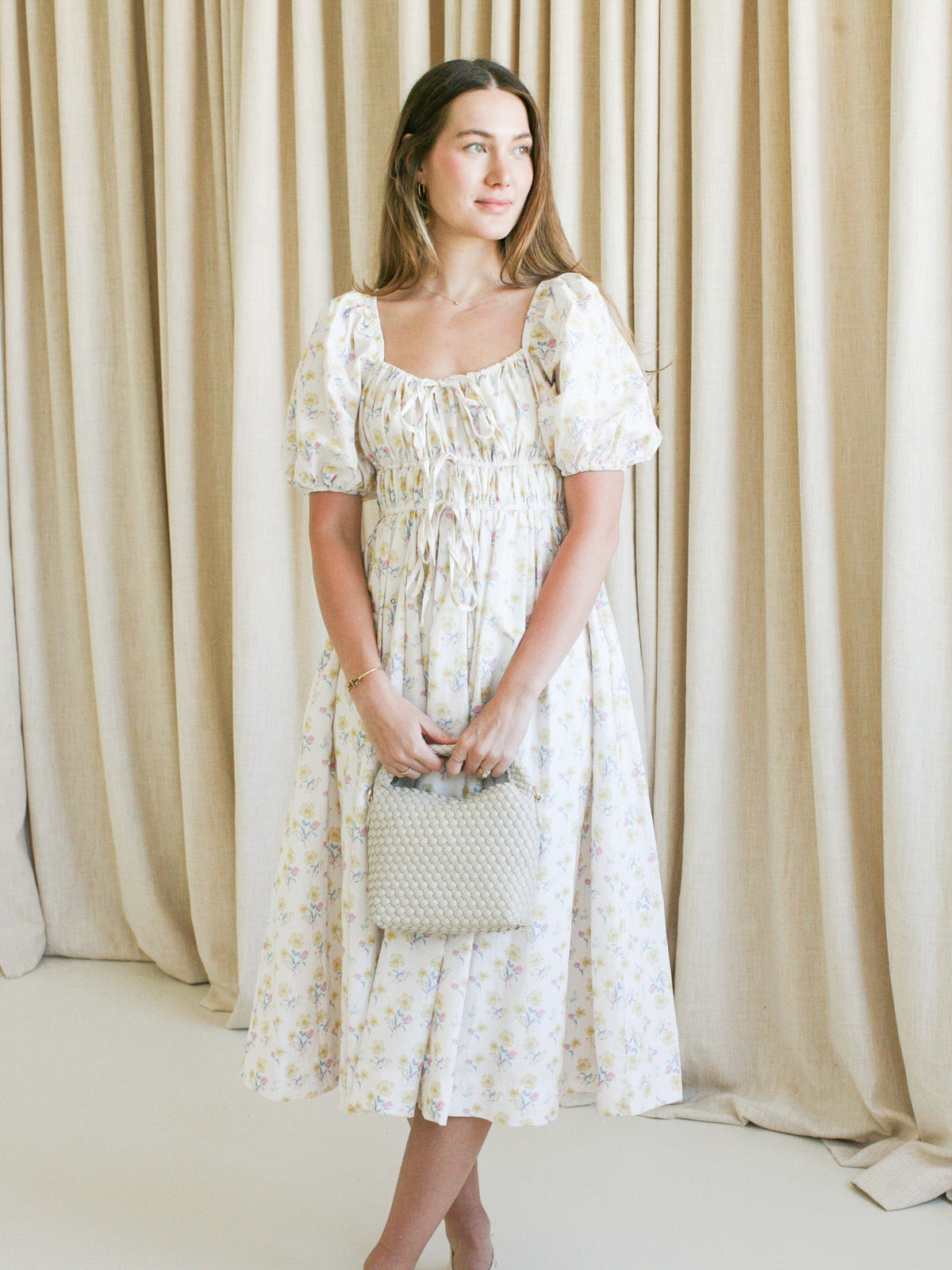 Floral Puff Sleeve Drawstring Midi Dress