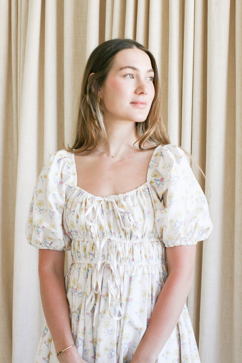 Floral Puff Sleeve Drawstring Midi Dress