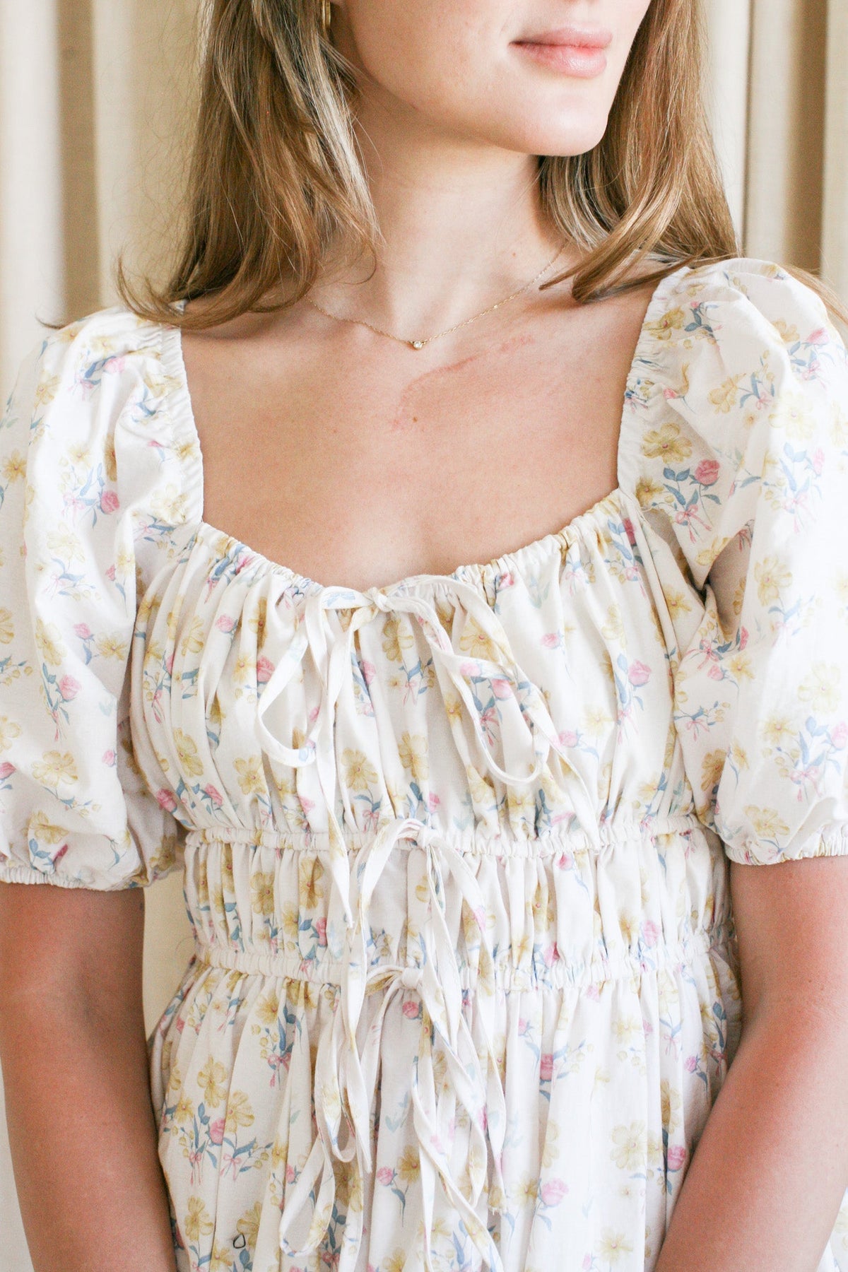 Floral Puff Sleeve Drawstring Midi Dress